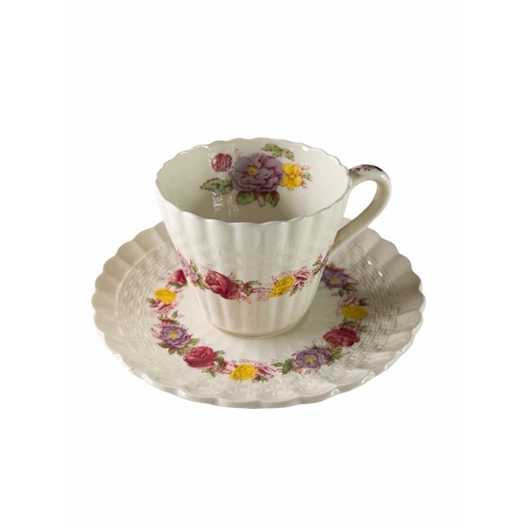 Spode Copeland Other - Spode Copeland Rose Briar Tea Cup Saucer Set England Floral Basket Weave Rare